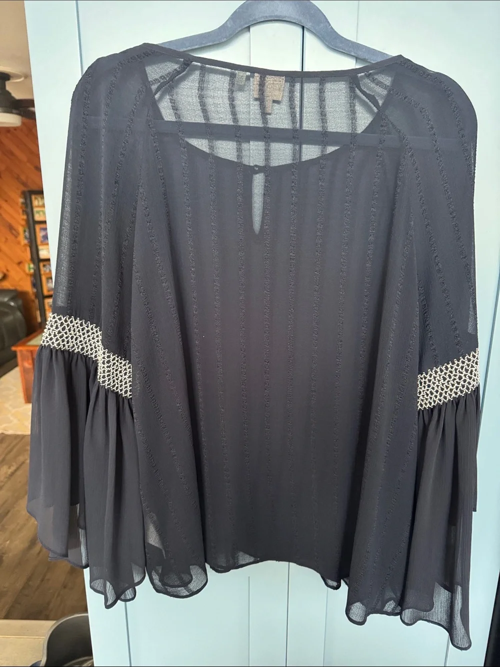 Chani Navy Sheer Bell-Sleeve Blouse with Cream Lace Trim